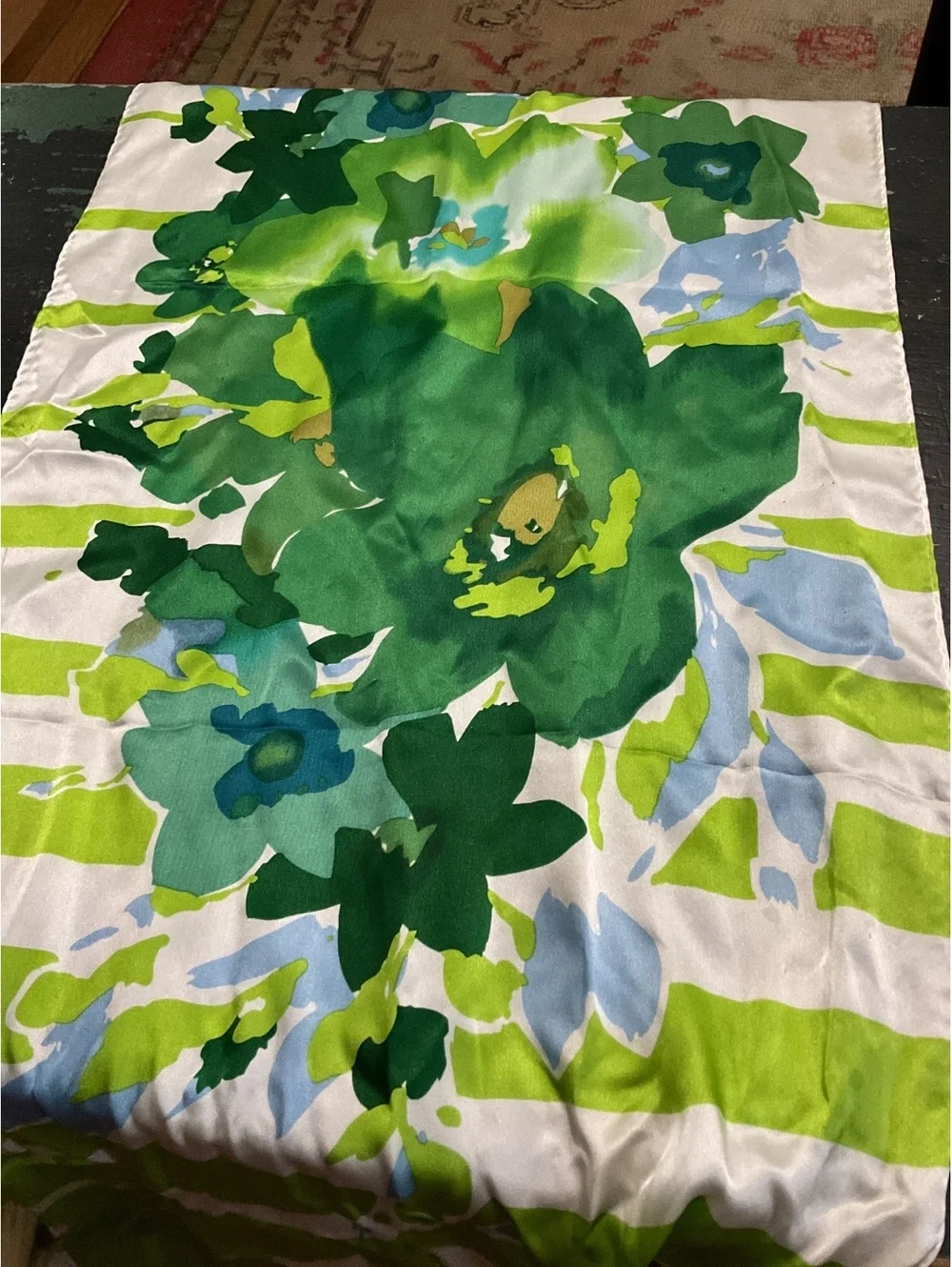 Anne Klein 100% Silk Floral Scarf with Green and Blue Pattern